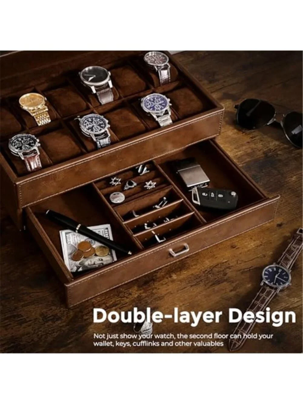 Watch Box 12-Slot, Watch Case with Large Glass Lid | 2-Layer Mens